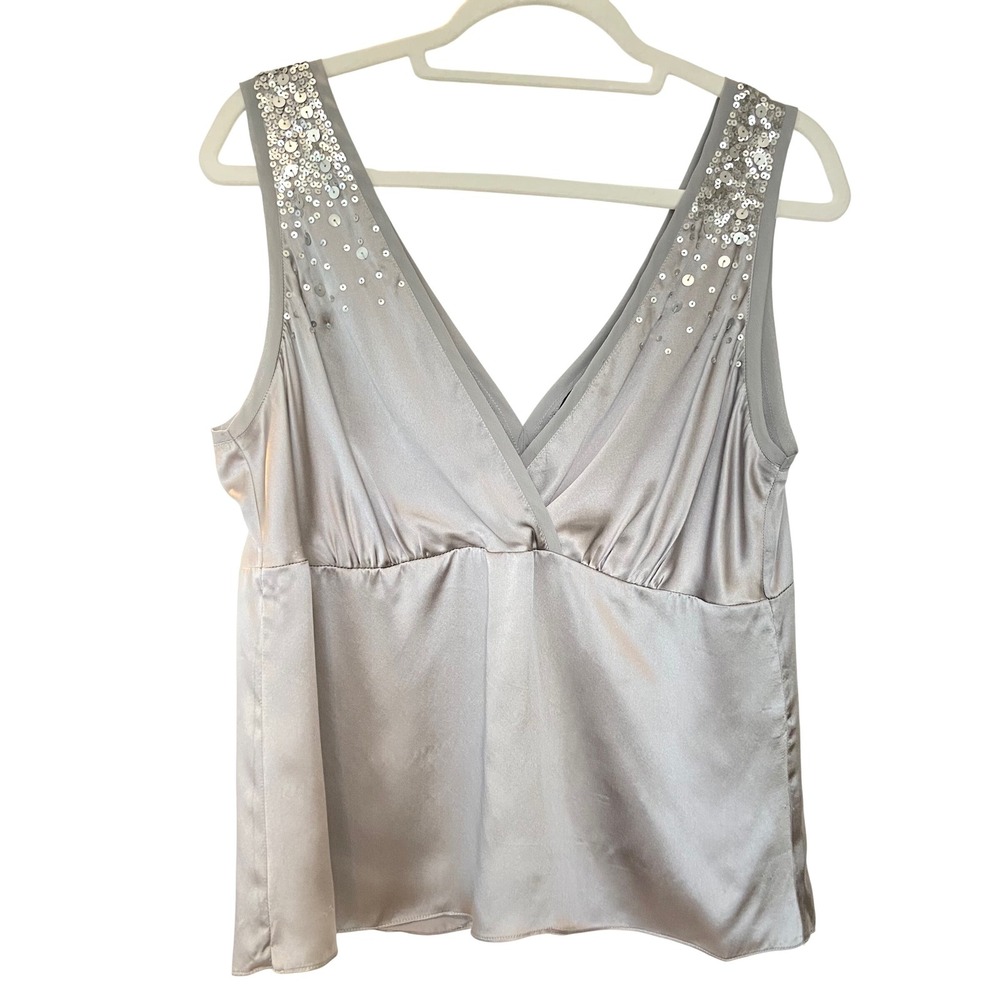 New York & Co Womens Silk Sequin V-Neck Camisole Tank Top Silver Gray 16
